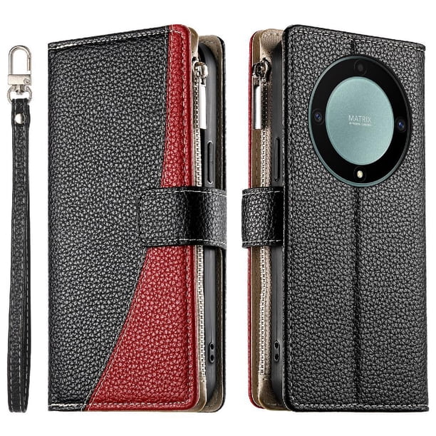 Funda cartera GANGXUN para Honor Magic 5 Lite , cuero PU con tarjetero, cremallera, correa de mano, soporte y protección 1411°