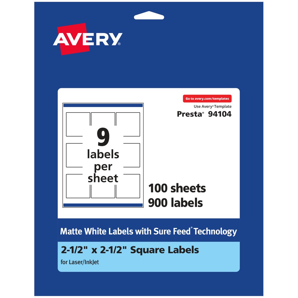 Avery Matte White Square Labels, 2.5" x 2.5", 900 Labels