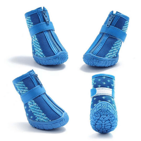 Breathable Dog Shoes With Reflective Straps  Anti-Slip Puppy Hiking Boots For Hot Pavement Hardwood Floors 4Pcs - Blue