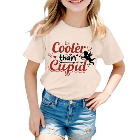 Bainana Girls Fashion Casual Short Sleeve T Shirt With Letter Print Round Neck Pullover Tee Top Toddler Teen Kids Summer School Holiday Playwear Beige Size 8-9 Years