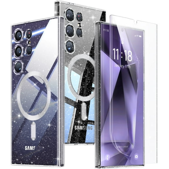 3 in 1 Magnetic Phone Case for Samsung Galaxy S24 Ultra [2X Screen Protectors] (Glitter Clear)