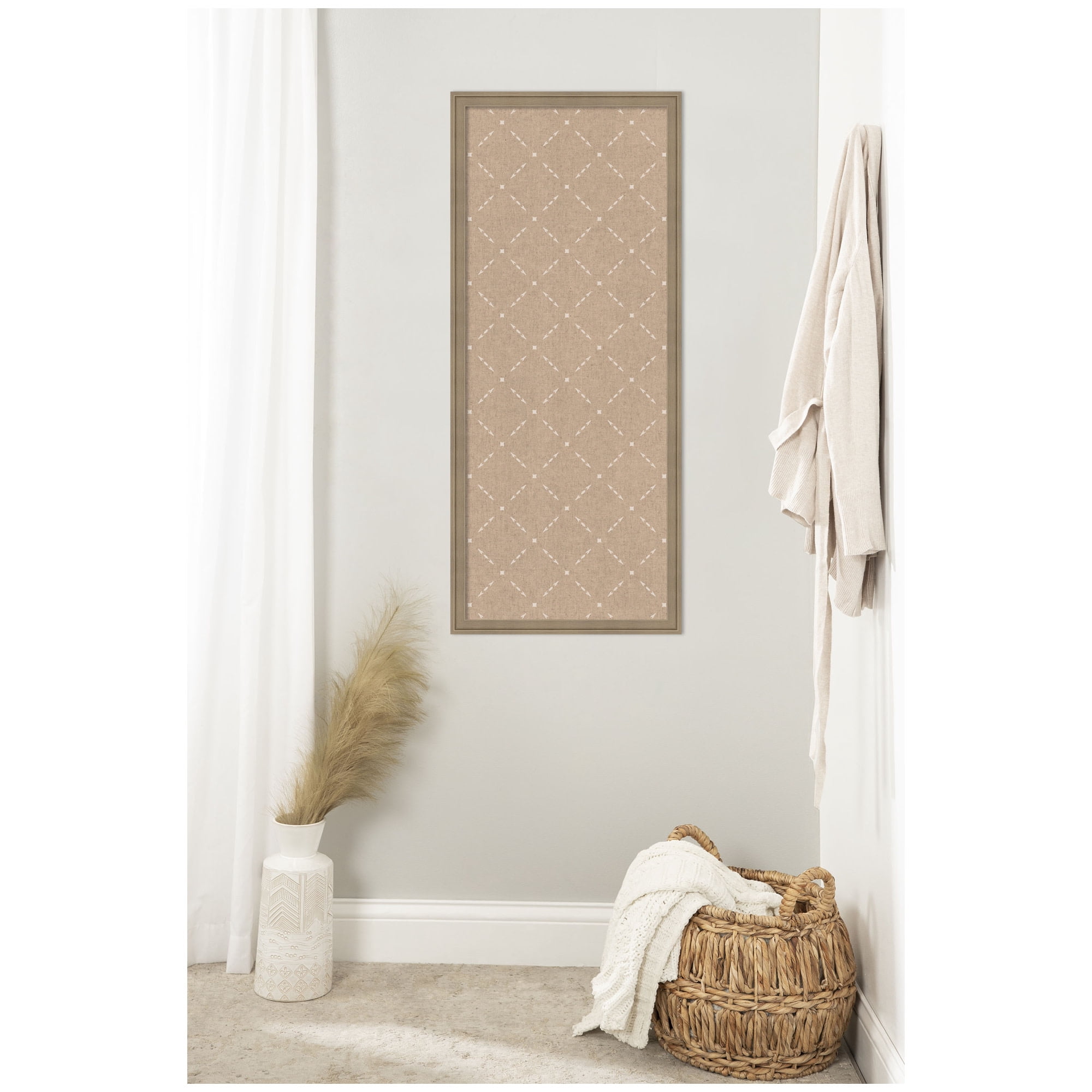 Kate and Laurel Framed Fabric Pinboard 18 x 42, Beige Lattice Pattern Printed Linen Classic Bulletin Board for Use as a Vision Board or Wall Organization, Florence Light Brown Frame