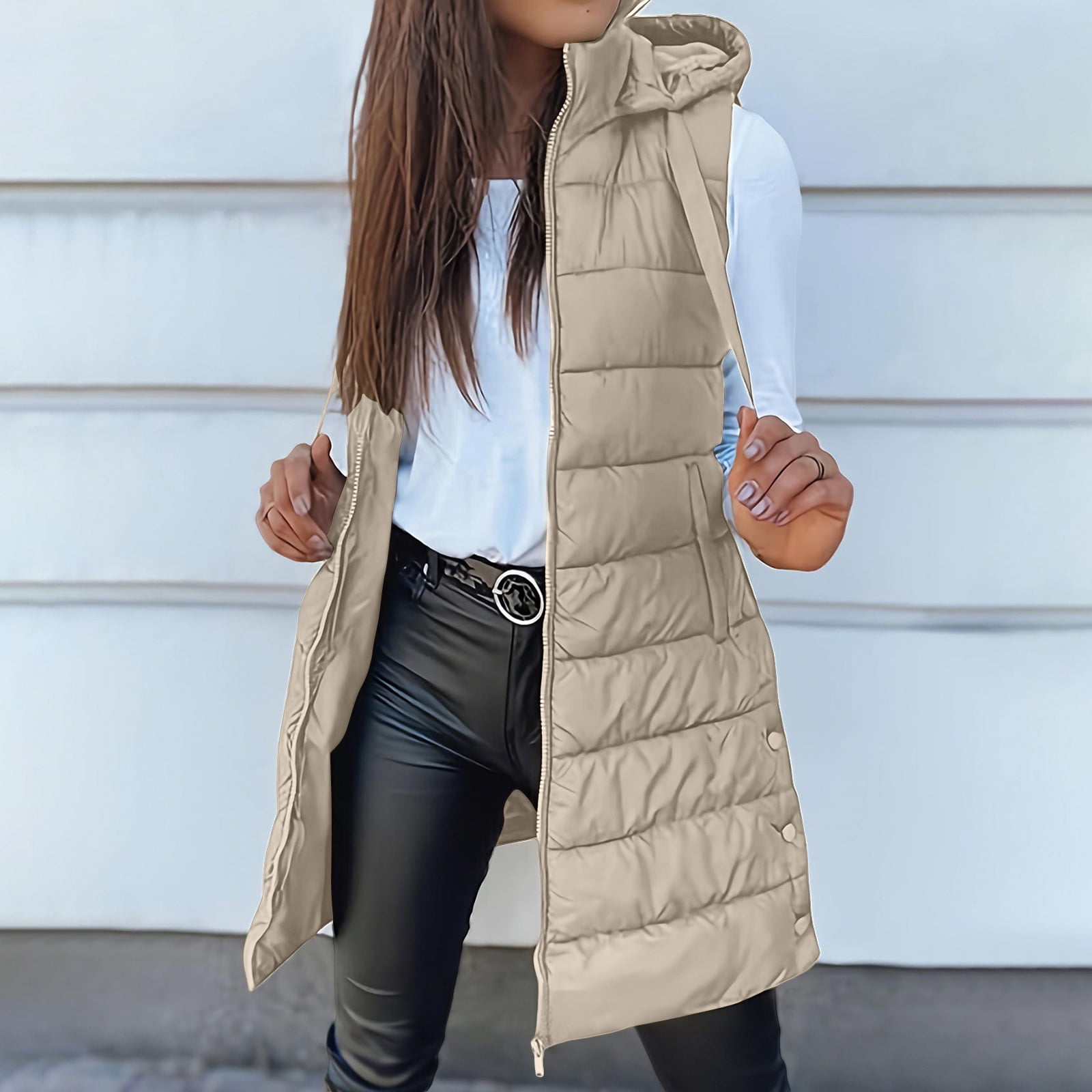 Brnmxoke Plus Size Long Puffer Vest Women Casual Sleeveless Hooded Zip Up Vests with Pockets Lightweight Quilted Outerwear Winter Warm Down Jackets Beige,XL