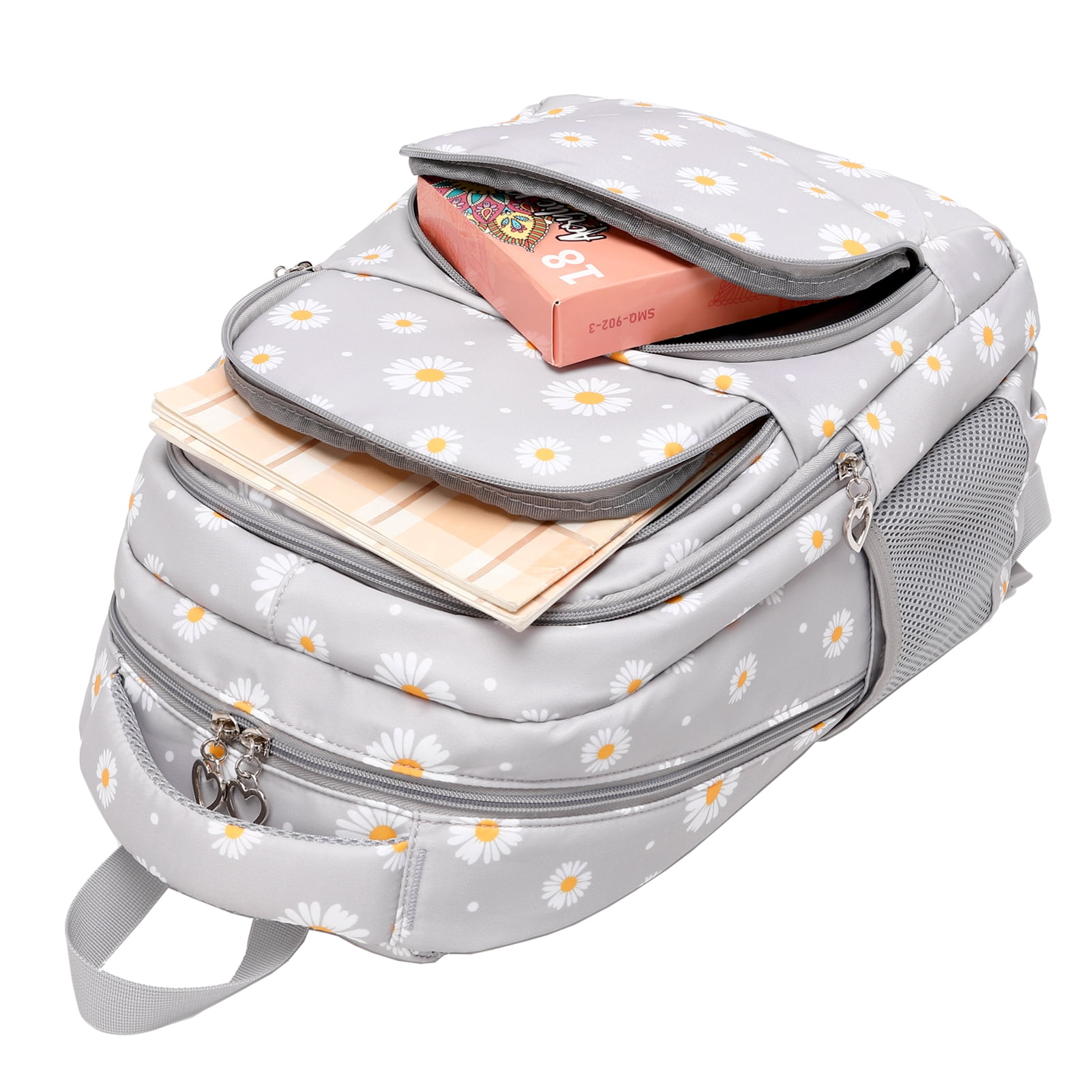 Forestfish 3-Piece Backpack Set for School,Large Capacity Teen Backpack with Insulated Lunch Bag & Pencil Case,Waterproof with Laptop Compartment & Side Pocket(Daisy A/Gray)