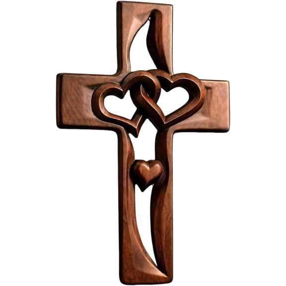 Wooden Wall Cross with Interwoven Heart Design, Rustic Christian Home Decor Brown 10 in