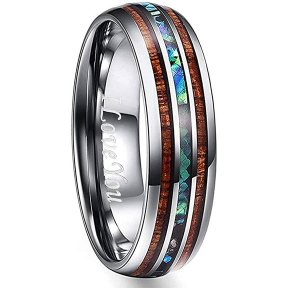 6mm Hawaiian Koa Wood Tungsten Rings Dome Abalone Shell Center Wedding Bands for Men Women Comfort Fit Size 7-17