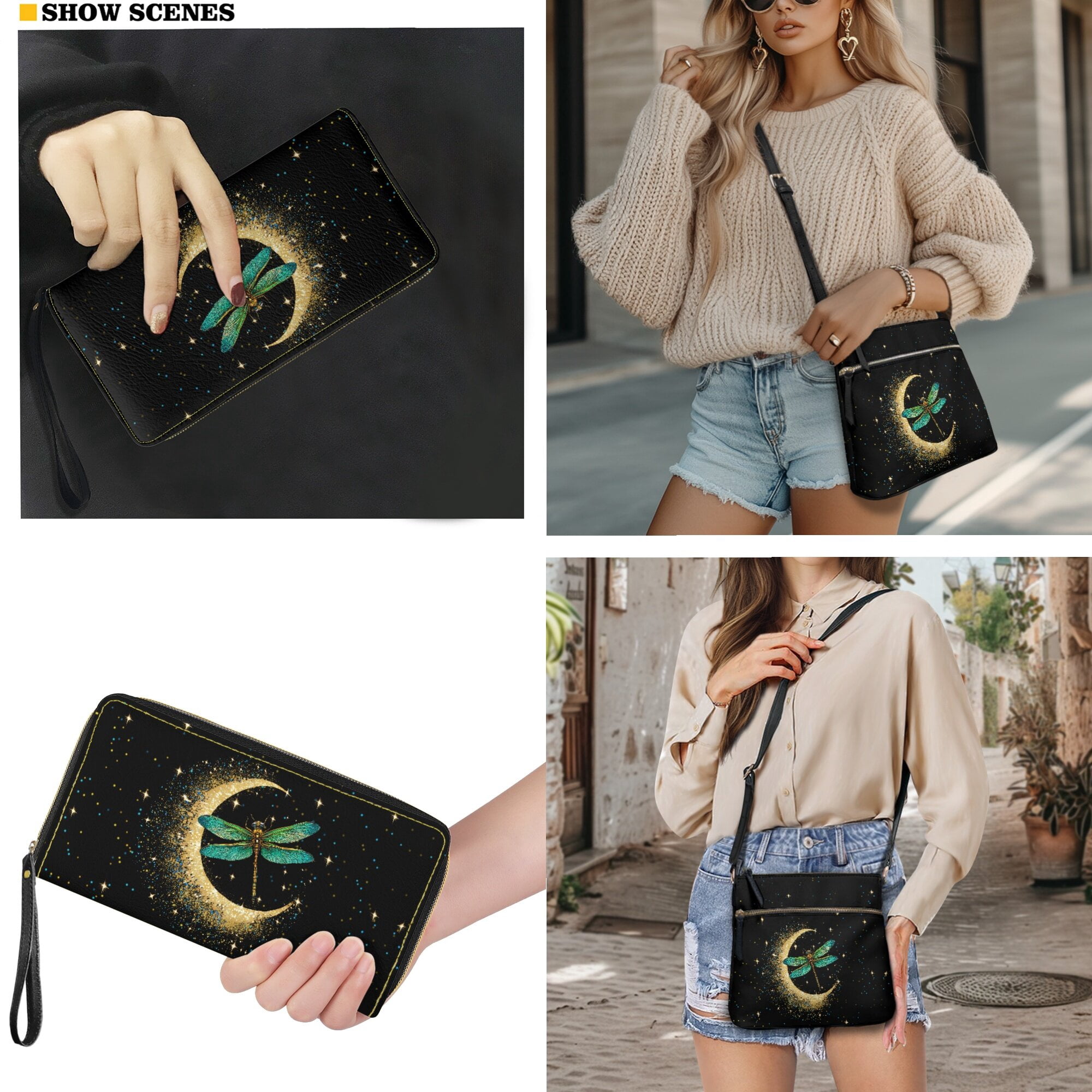 LedBack Dragonfly Moon Crossbody Satchel Purse with Wallet Set for Women Lady, Leather Hobo Bag Shoulder Bag Multi Pocket Messenger Purse with PU Wallet, Black