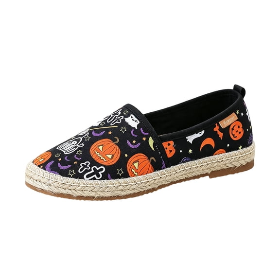 EKVAHL Women's Halloween Shoes, Pumpkin Ghost Round Toe Slip‑On Espadrilles, Flat Wrapped Sole Casual Daily Walking Flats Black
