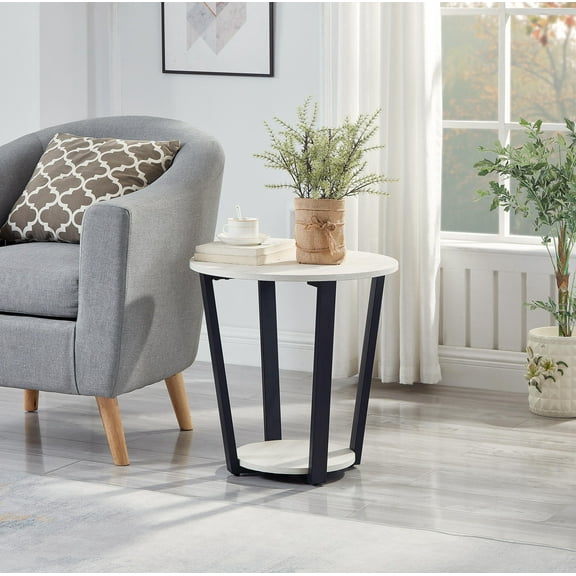 Elysian Round End Table with Shelf - Contemporary Style, Off-White, 20 Inch