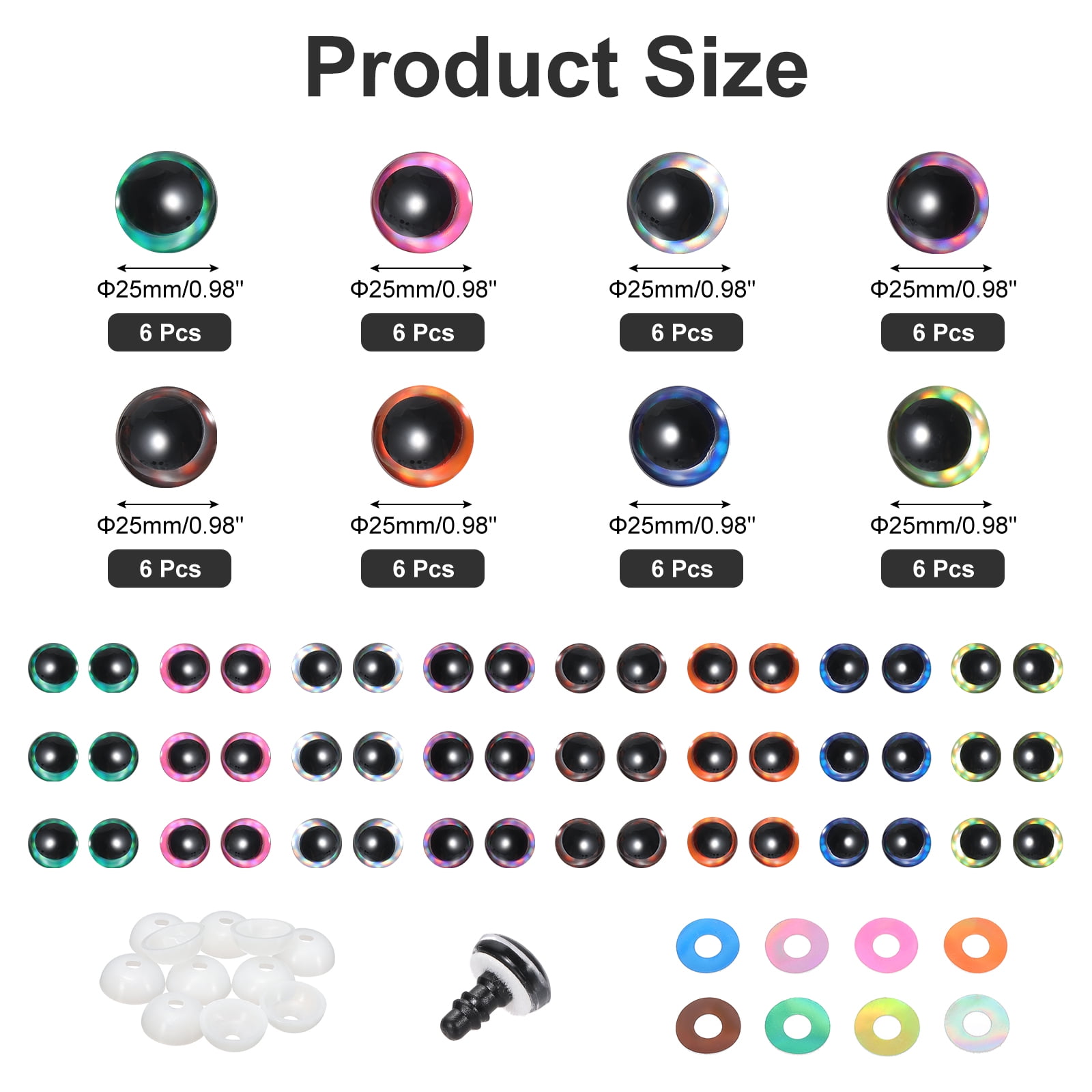Uxcell 25mm Flash Safety Eyes, 48 Pcs Moon Doll Eyes Realistic Colorful Crocheting Safety Eyes for Decor Crochet Accessories Dolls Craft Halloween, 8 Colors