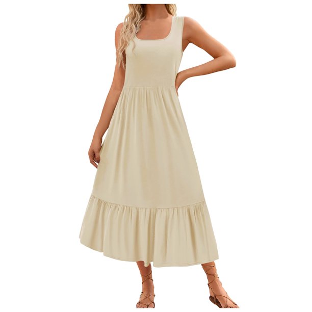 Vestido sin mangas de verano para mujer: vestido largo informal con cuello cuadrado, plisado y bolsillos, elástico y transpirable, adecuado para ocasiones informales, playa, fiestas y más.