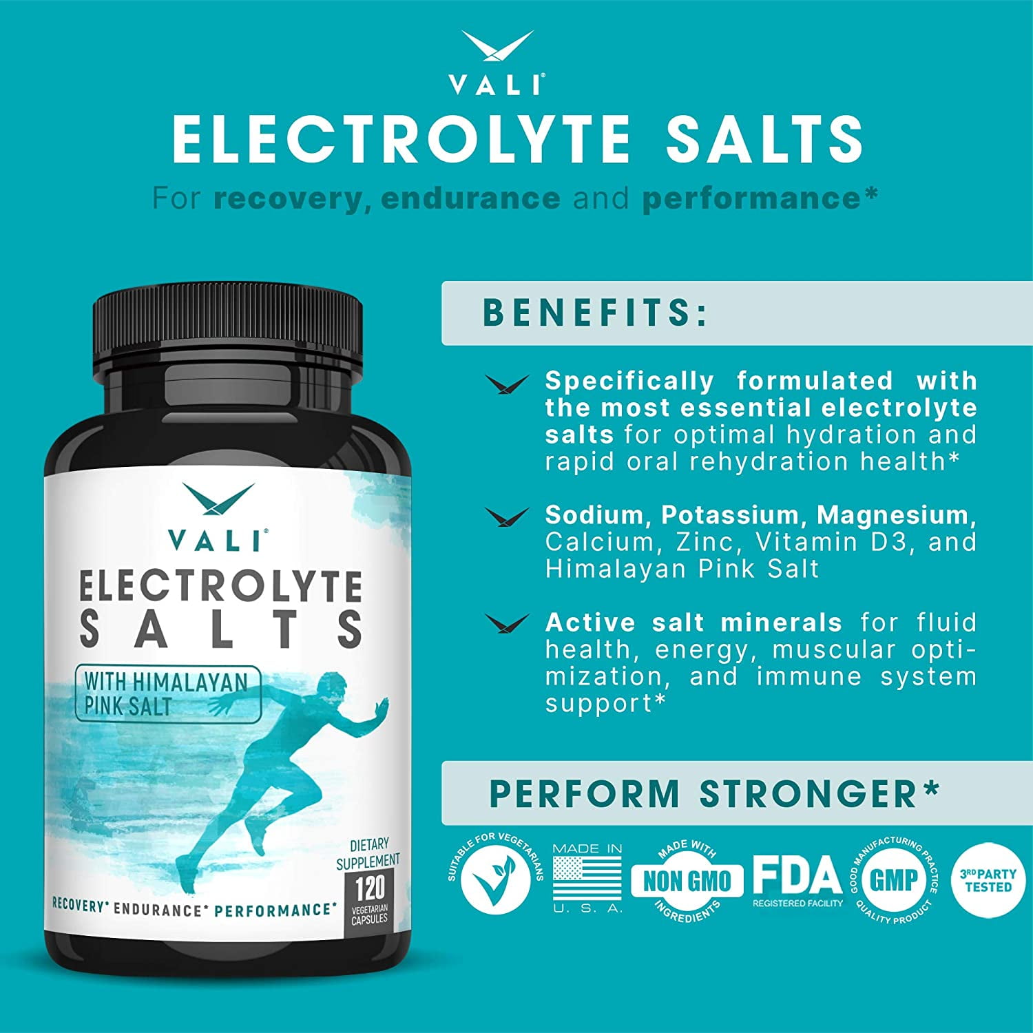 VALI Electrolyte Salts Hydration & Recovery Support Supplement, 120 Veggie Capsules