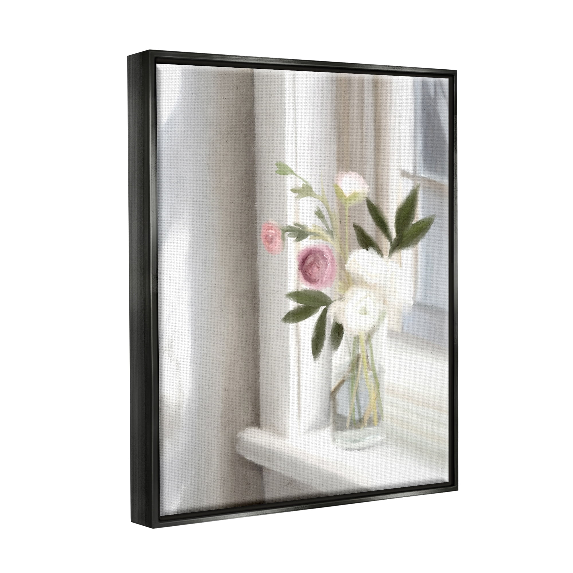 Stupell Industries Sunlit Flower Bouquet Blooming White Petals Windowsill Painting Luster Gray Floating Framed Canvas Print Wall Art, Design by Leah Straatsma