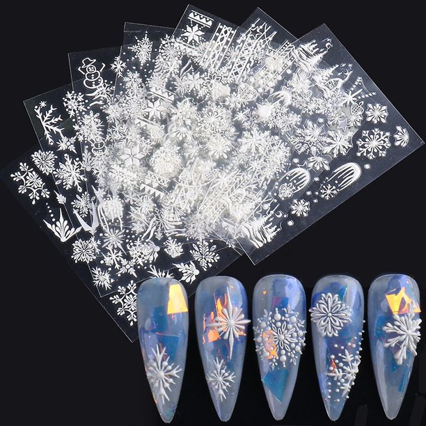 Calcomanías adhesivas para decoración de uñas con copos de nieve, Navidad 5d en relieve, copo de nieve blanco francés, accesorios para decoración de uñas, suministros de decoración