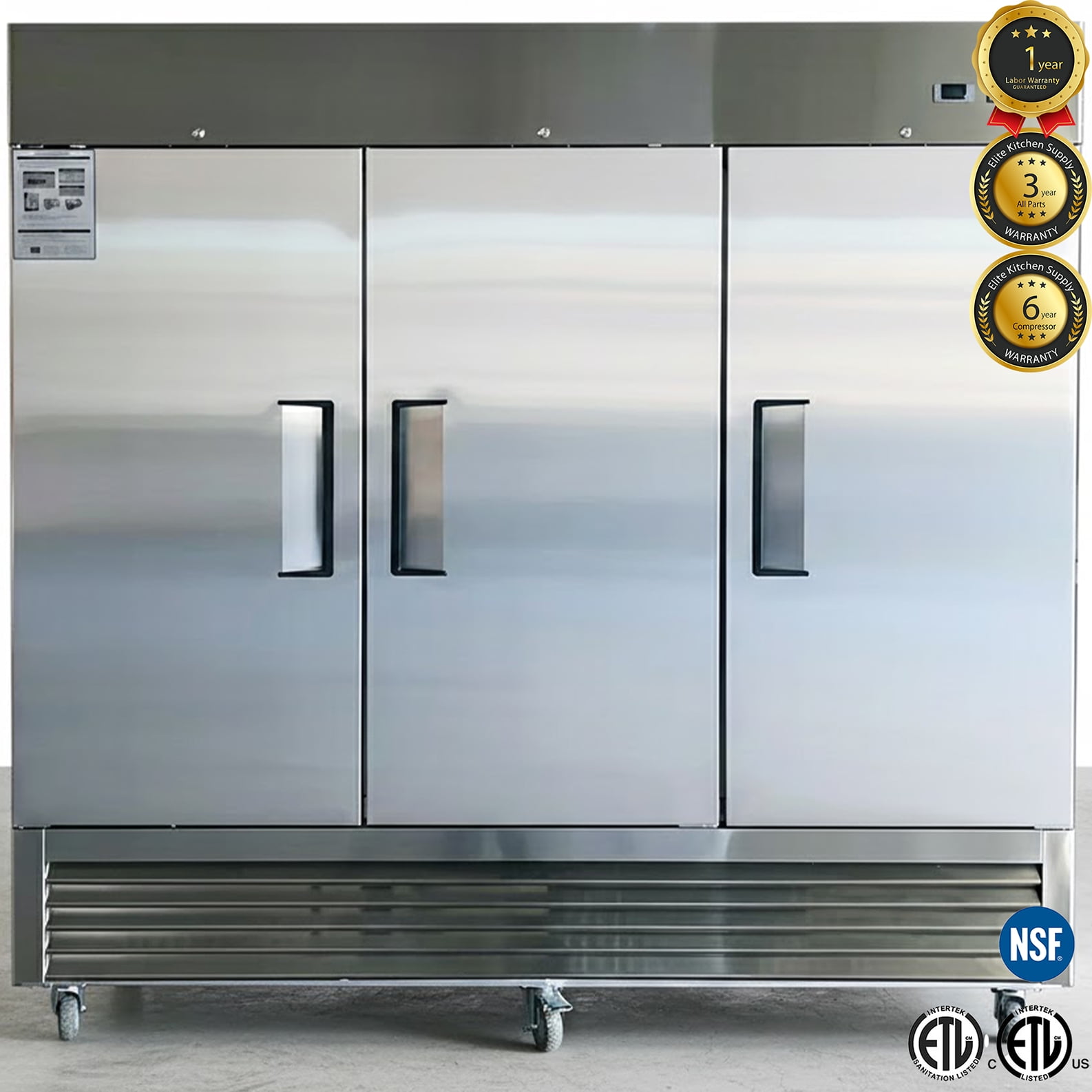 82" Wide Commercial Reach-In Refrigerator, 60.8 Cu. Ft. Capacity – Stainless Steel, NSF Certified