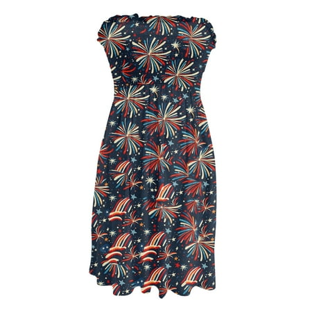 CHCNHAC Independence Day Sundresses for Women 2025 Stars and Stripes Print Dresses Patriotic Flattering Flowy Swing Strapless Wedding Guest Dress Dark Blue 2XL