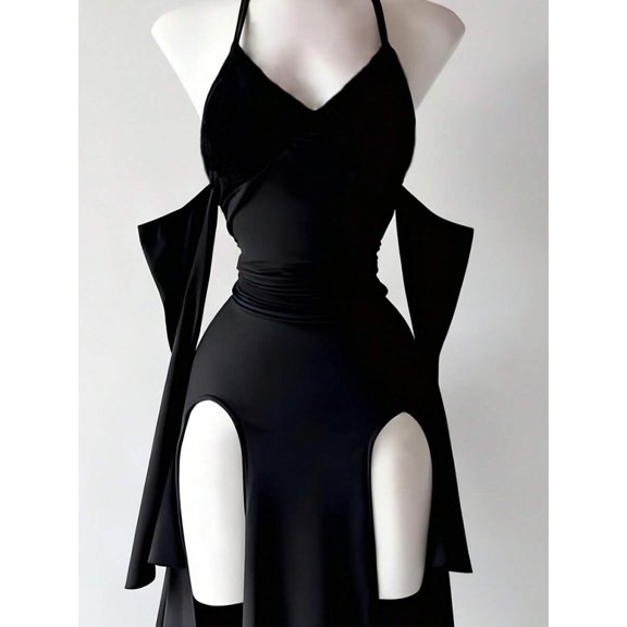 Black Avant-Garde Halter Neck Evening Dress With Side Cutouts And Draped Sleeves