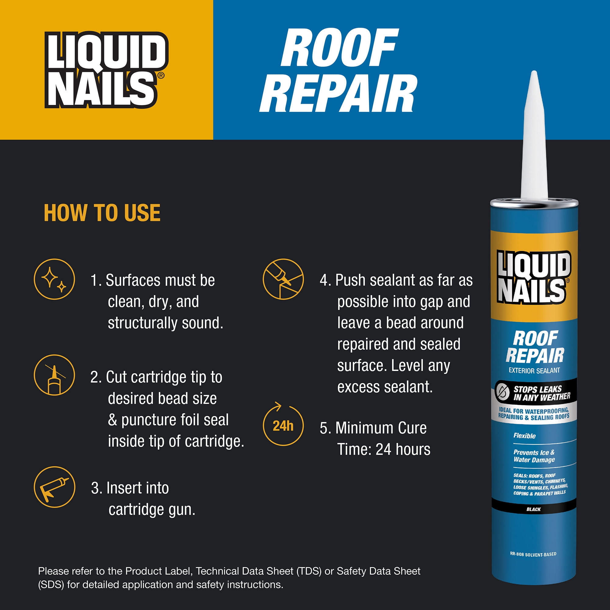 (4 pack) Liquid Nails Roof Repair 10.3 oz Black Exterior Waterproofing Roof Adhesive