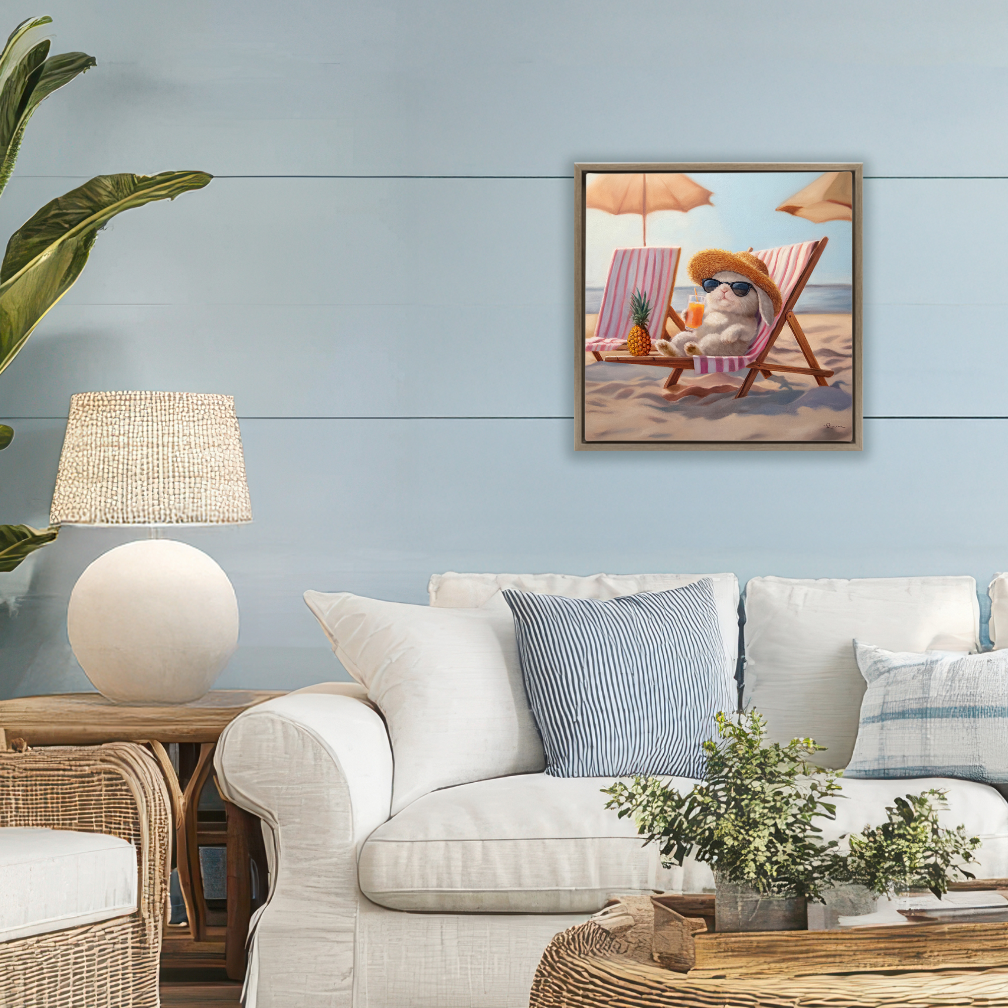 Beach Bun Relaxation Brown Framed Floater Canvas Wall Art, design by Lucia Heffernan