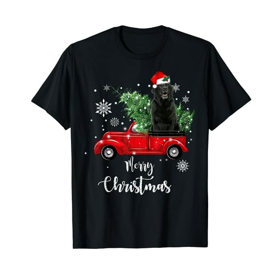 Black Lab Labrador Ride Red Truck Christmas Pajama Black T-Shirt