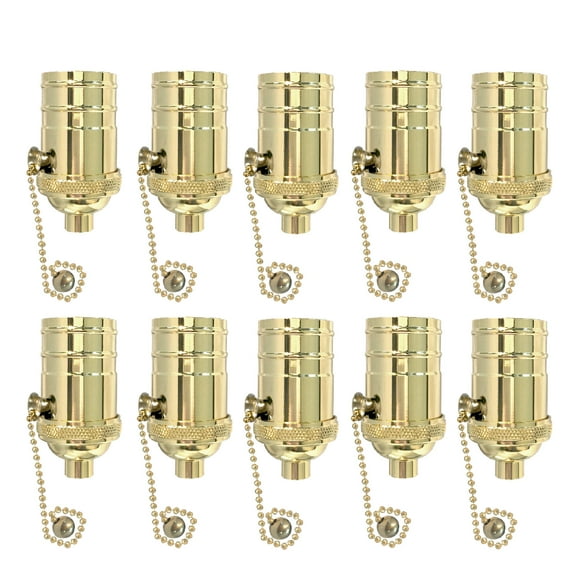 Royal Designs, Inc. Pull Chain Lamp Socket for Incandescent LED Bulbs, Polished Brass, Set of 10
