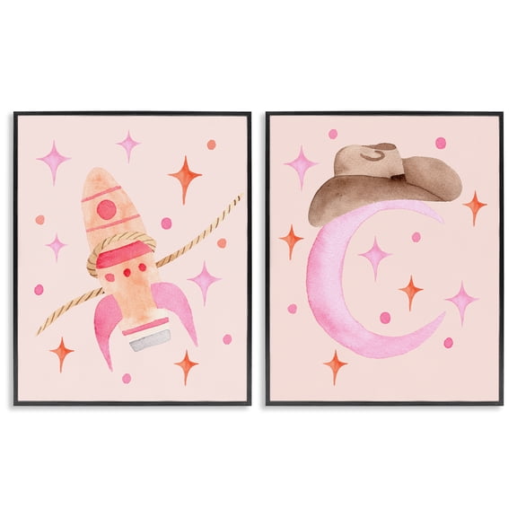 Space Cowgirl Rocket Ship 2 Piece Black Framed Giclee Art Set, design by Nina Jacobs