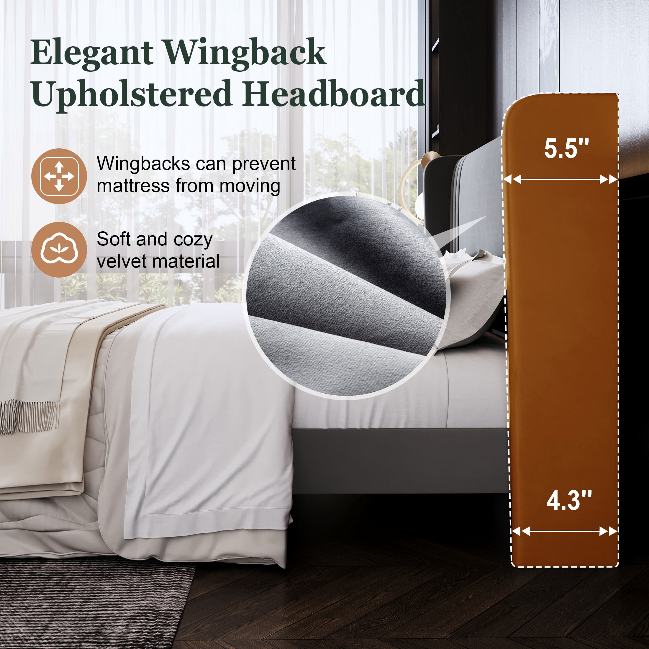 Amolife King Size Bed Frame, Velvet Platform Bed with Upholstered Wingback Headboard, No Box Spring Needed, Gray