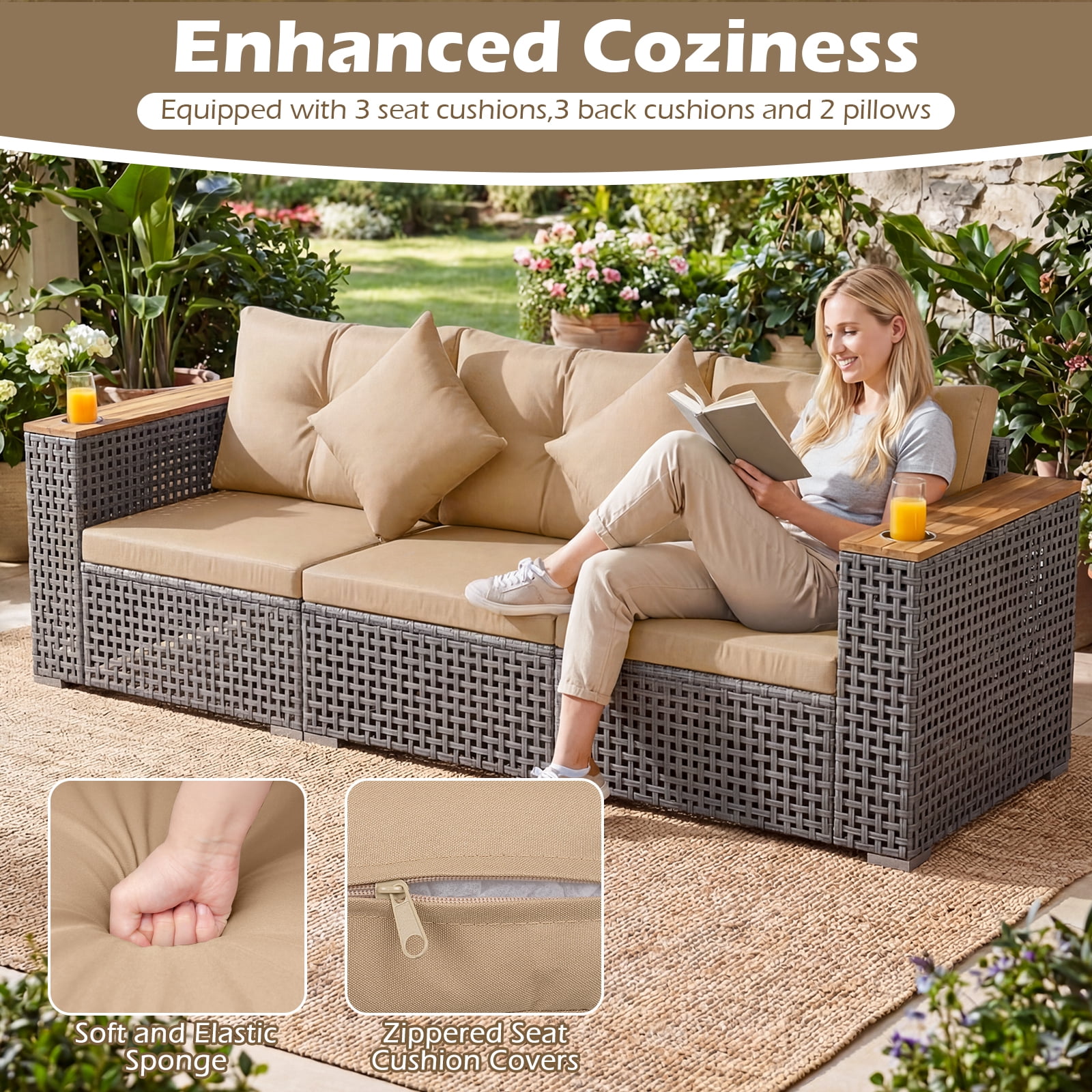 Costway Patio Wicker Sectional Furniture Set, 3 Piece Outdoor Couch Set for Garden Beige