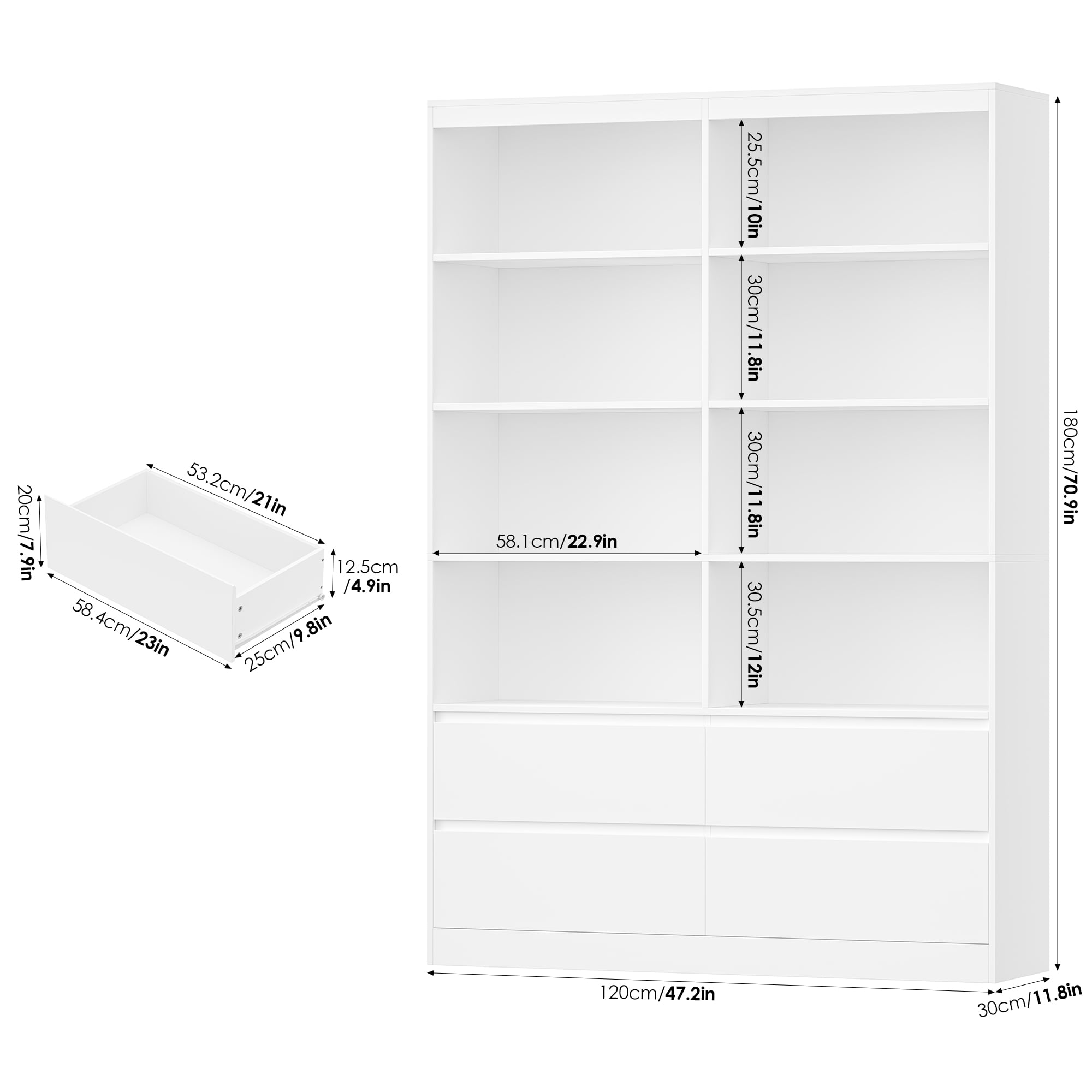 Homfa 71″ Tall Bookcase with 4 Drawers, 8 Cubes 6-Tier Double Row Bookshelf, White Bookcase for Home Office Living Room