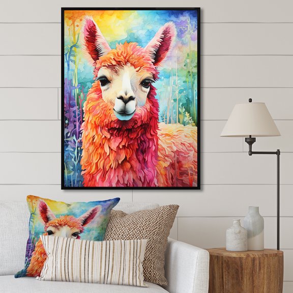 Designart "Pop Art Alpaca Wool Elegance III" Animals Framed Wall Art - Traditional Pink Alpaca Living Room Framed Canvas Art