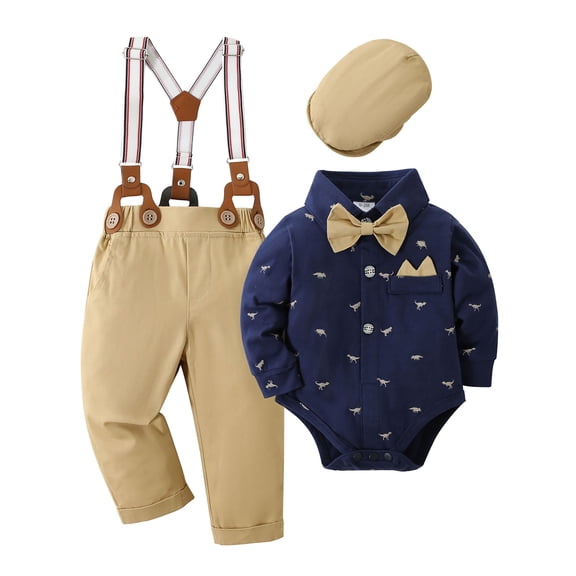 CARETOO Baby Boy Clothes Suits Gentleman Dress Romper Suspender Pants Beret Hat Bow Tie Outfit 0-24M