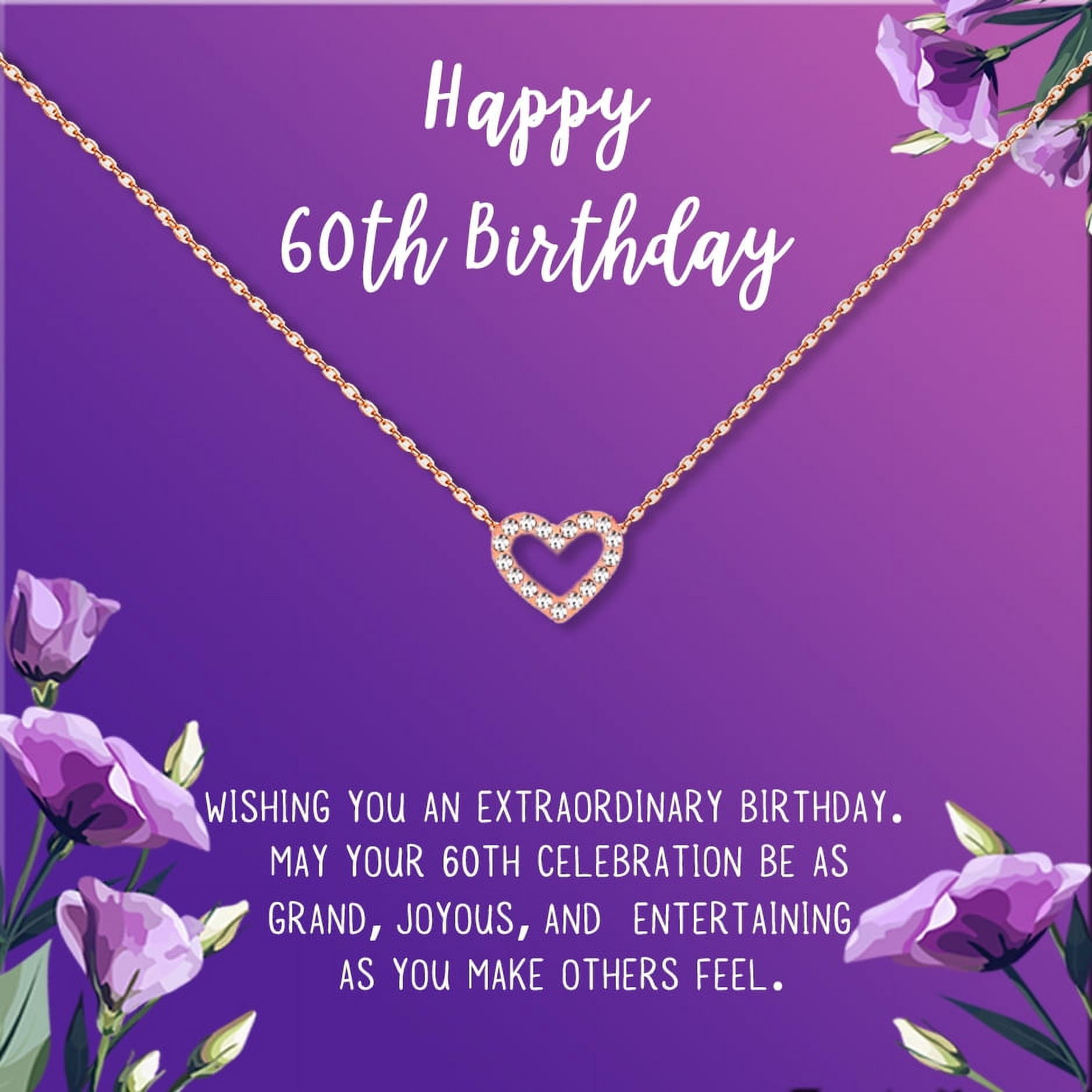 Anavia Happy 60st Birthday Gifts Stainless Steel Fashion Necklace Birthday Card Jewelry Gift for Her, Birthday Gift for Grandma-[Rose Gold Mini Crystal Heart, Royal Purple Gift Card]