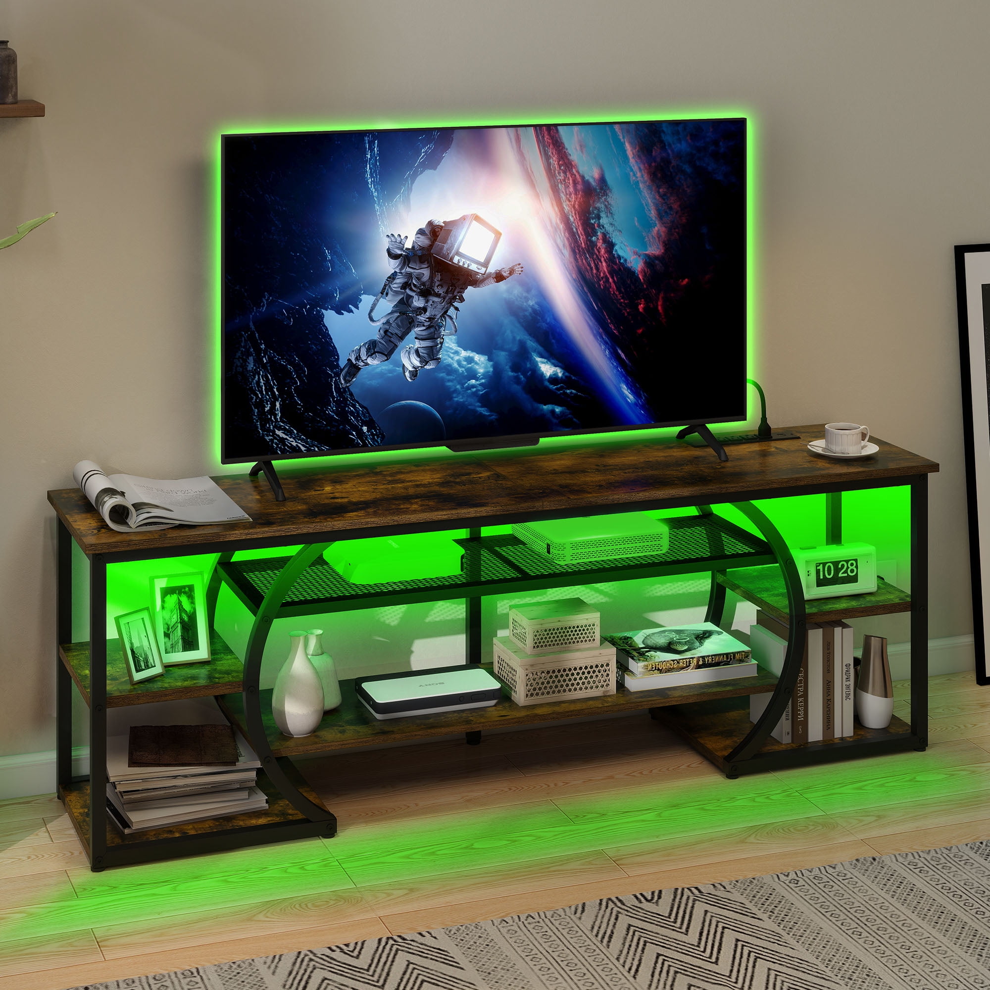 Uforic LED TV Stand for 70 Inch TV, Rustic Entertainment Center TV Console w/Power Outlets, Brown
