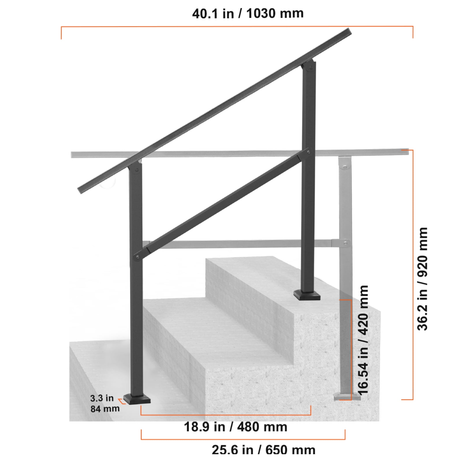 VEVOR Outdoor Handrails for Steps, 2-3 Step Stair Rail Kit, Black Square Tube with Horizontal Bar, Carbon Steel Support Rails for Seniors