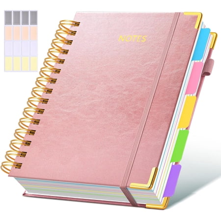 Hardcover Spiral Notebook journal with Removable Dividers Tabs, 300 Pages Leather 5 Subject Notebook College Ruled, 100GMS Notebooks for Work School Note taking,Lined Journal for Women,A5 Rose gold