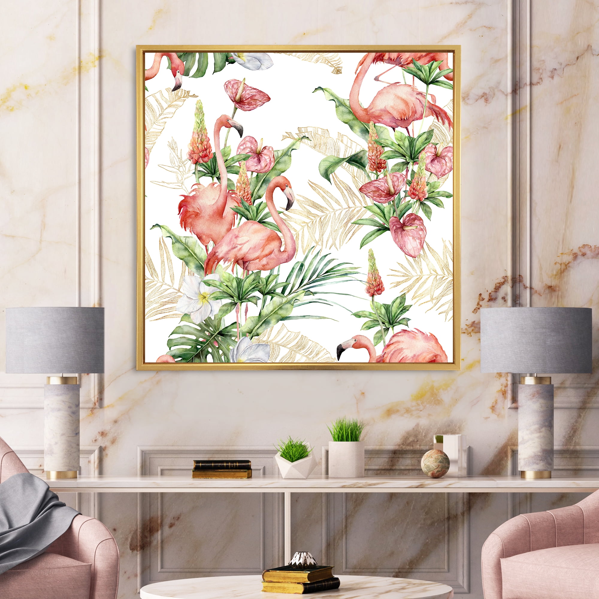 Tropical Flowers & Gold Leaves With Pink Flamingos 16 in x 16 in Framed Painting Canvas Art Print, by Designart
