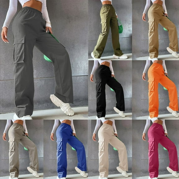 Plus Size Pants High Waisted Relaxed Fit Plus Size Straight Leg Solid Cargo Pants Women Casual Pants Army Green XXXXL