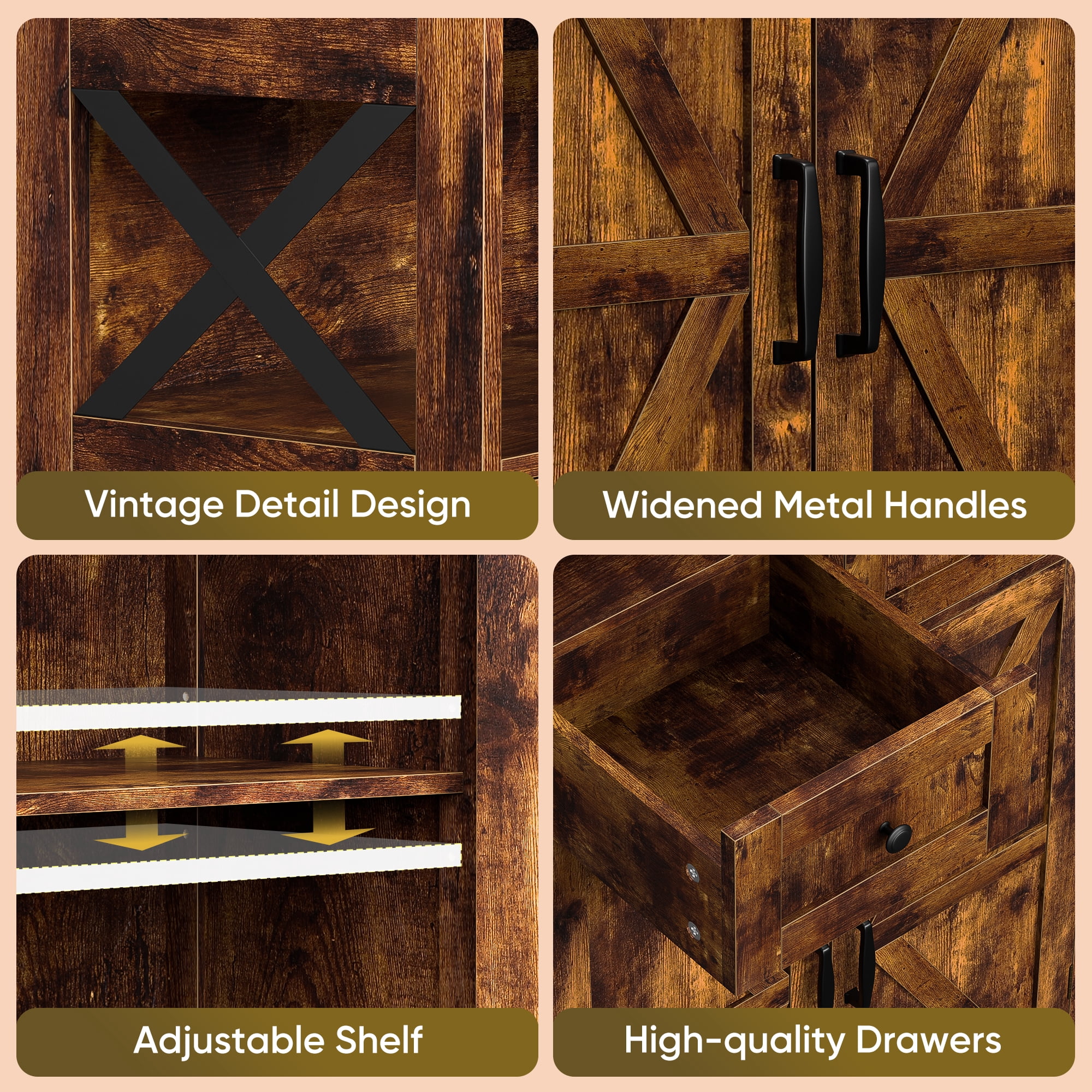 HomGarden Floor Storage Cabinet Large Farmhouse Kitchen Pantry Cabinet W/Drawers & Doors & Shelves for Home, Bathroom, Entryway, Living Room, Rustic