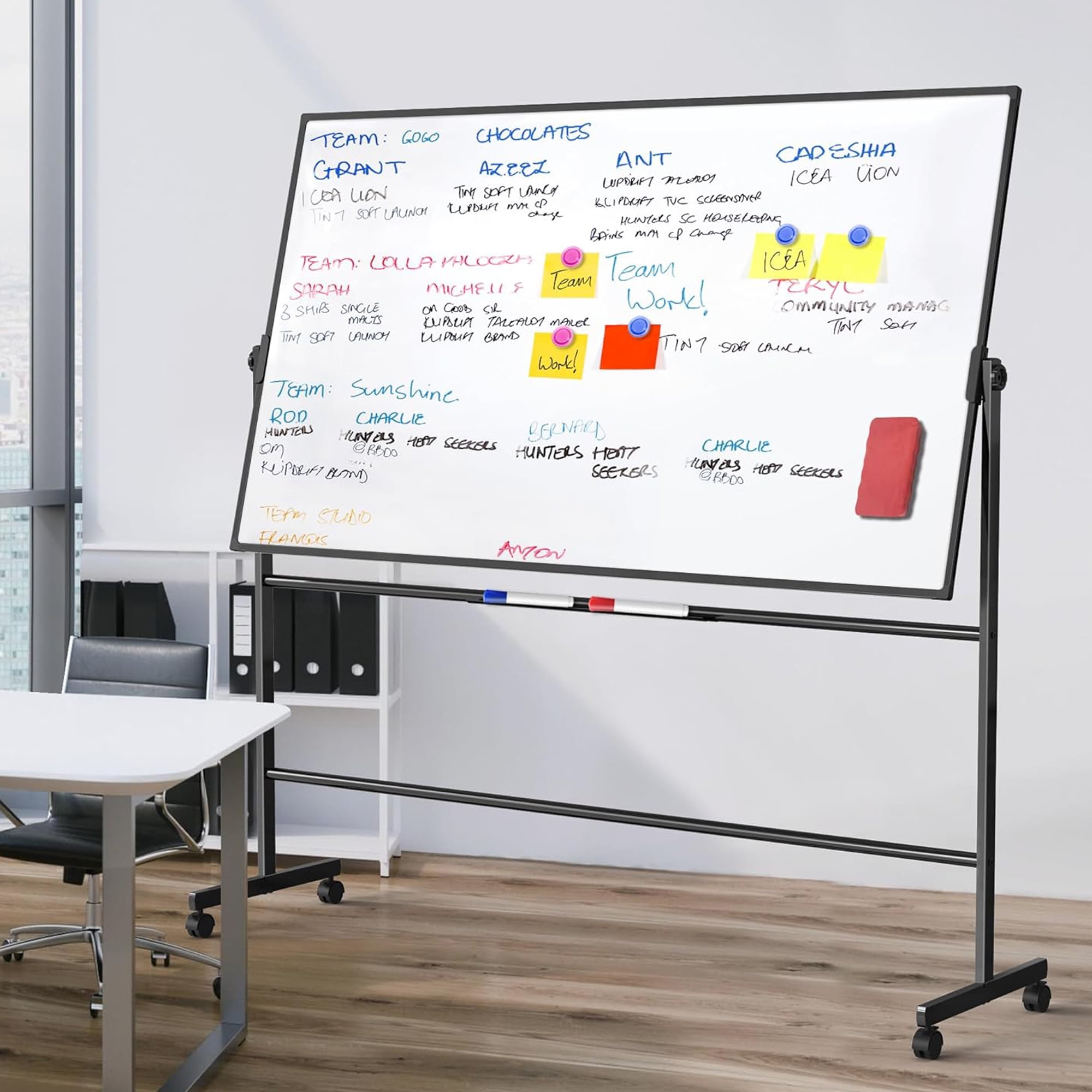 TOWON Double-Sided Mobile Whiteboard - 72"x40" Extra Large Height Adjustable Magnetic Dry Erase Board on Wheels, 360° Rolling Office White Board Pizarra - Black