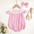 thumbnail image 3 of ZEHJUHAN Baby Girl's Cute 2-Piece Set, Pink Checkered Bunny Embroidered Cap Sleeve Romper with Hairband Pink，3-6M, 3 of 11