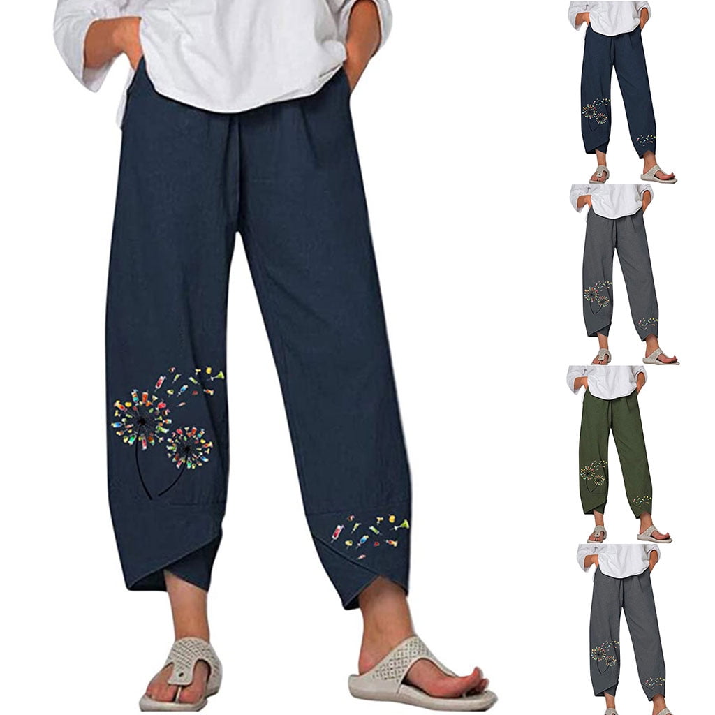 Women Summer Elastic Waist Baggy Capri Pants Boho Dandelion Printed