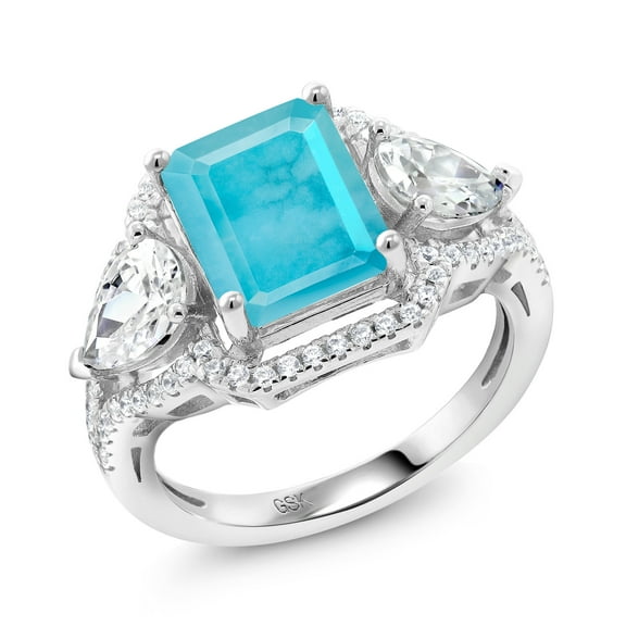Gem Stone King 3.09 Cttw Green Turquoise Ring for Women | 925 Sterling Silver | Center Emerald Cut 10X8MM | Wedding Engagement Anniversary Promise Ring for Women | Size 6