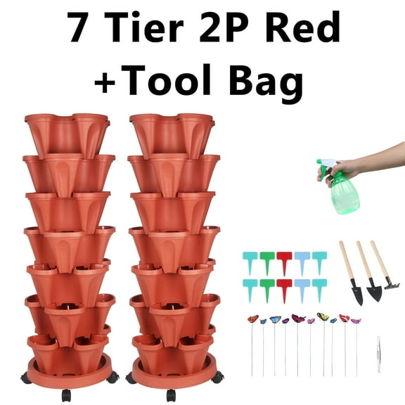 2 Pack of 7 Tier Stackable Planter Vertical Garden With Various Accessories for Vegetables, Flowers, Herbs, Succulents, Microgreen Gardening - Red