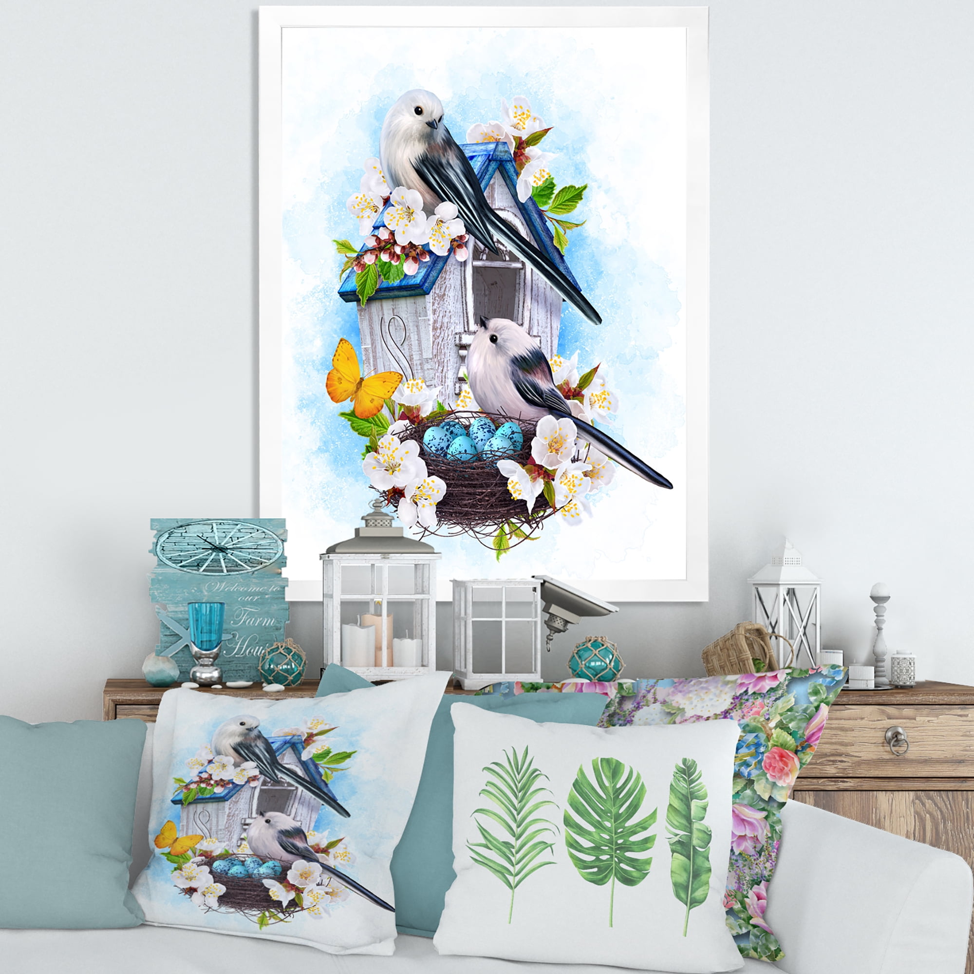 Designart 'Two Tit Birds Sitting Near The Nest With Eggs and White Flowers II' Traditional Framed Art Print