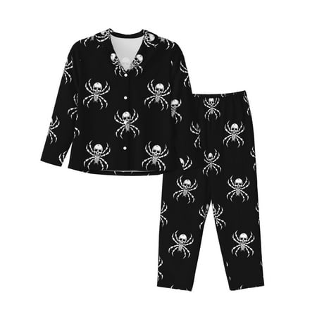2 Piece Womens Pajama Sets - spider skeleton black cool Soft Sleepwear Comfy Pajamas Ladies Pj Lounge Sets with Pockets  Long Sleeve Button Shirt and Pajama Pants Pjs Sets for Women