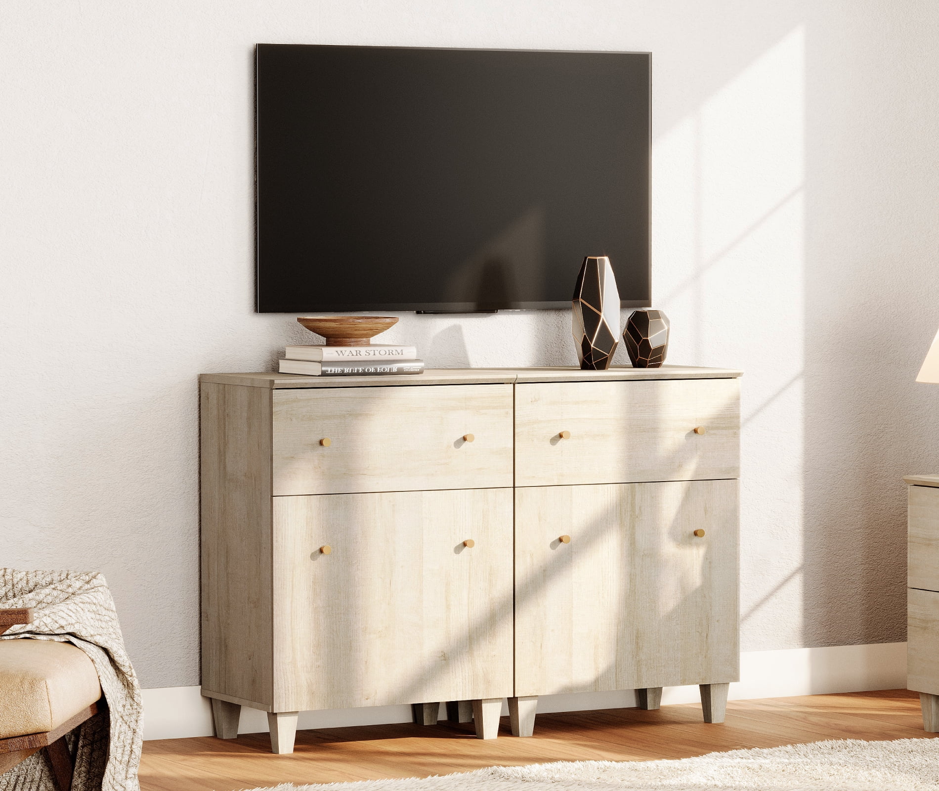 WAMPAT TV Stand Cabinets for 55 Inch Flat Screen, 2-in-1 Modern Highboy Wooden Entertainment Center with 2 Drawers and Shelves, Light Oak
