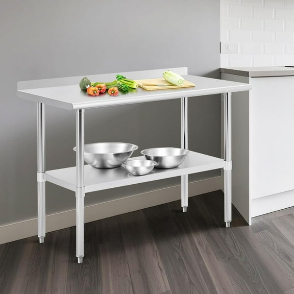 Stainless Steel Prep Table, 2-Tier Work Table with Backsplash & Adjustable Shelf,Heavy-Duty Metal Commercial Work Table for Outdoor Use,Restaurants,Hotels,Workshops,Kitchens,Gardens and Garages