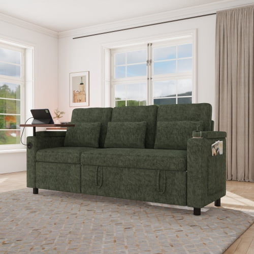 81" 3-in-1 Convertible Sofa Bed, Electric Recliner & Sleeper with Table, USB Ports, Storage Armrests, Chenille, 6 Adjustable Positions, Green