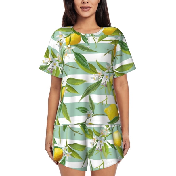 Fotbe Lemon Conjunto de Pijama Estampado para Mujer, 2 Piezas, Ropa de Dormir con Camiseta de Manga Corta y Shorts Suaves-Small