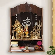 WALLZY Pooja Wooden Mandir for Home Wall Mounted Wood Puja Home Temple with Double Shelf for Storage and God Idols Decoration for Living Room, Bedroom and Office